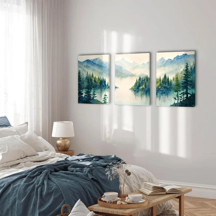 Aquarell Blaugrün Wald Leinwand Bilder Set 30x40cm x 3 – Bild 3