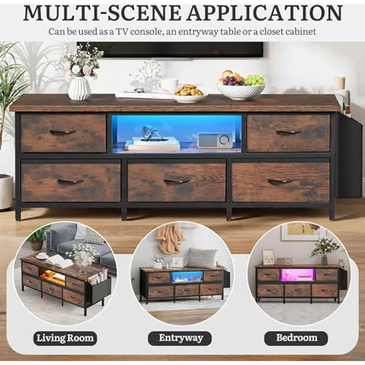 YITAHOME TV-Schrank, TV-Ständer für Wohnzimmer mit 5 faltbaren Schubladen und Regalen, TV-Ständer mit RGB-LED-beleuchtetem TV-Entertainment-Center mit Schrank, 145 x 35 x 50 cm – Bild 4