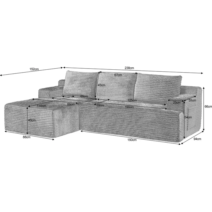 ZUBALIYA Knochenloses Sofa, L‑förmiges Cloud‑Ecksofa mit tiefem Sitzkomfort – ohne Montage, modulares Schlafsofa, 66 x 152 x 238 cm, Dunkelgrau, Rechts – Bild 11