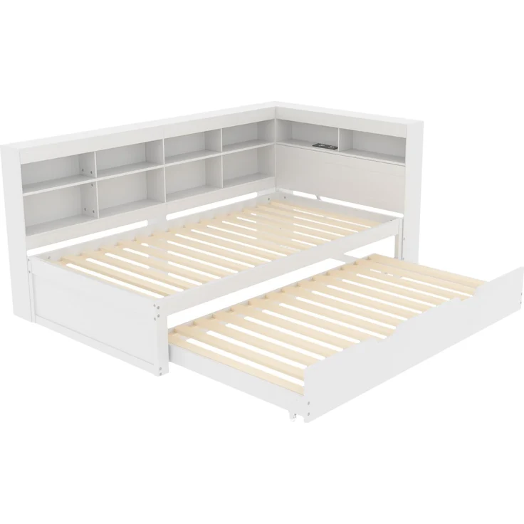 Schlafsofa 90*200, Ausziehbares Bett 90*190 mit USB-Steckdose und mehreren Ablagefächern, Massivholzbett, Einzelbett, Holz-Multifunktionsbett, Weiß. – Bild 5
