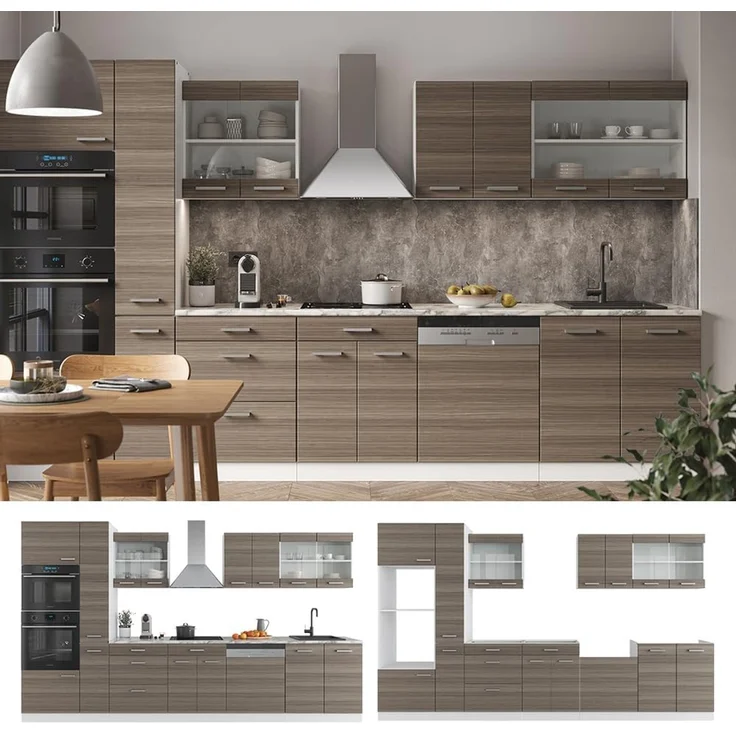 Küchenzeile R-Line Edelgrau/Weiß 350 cm mit Hochschrank, ohne Arbeitsplatte Vicco – Bild 9