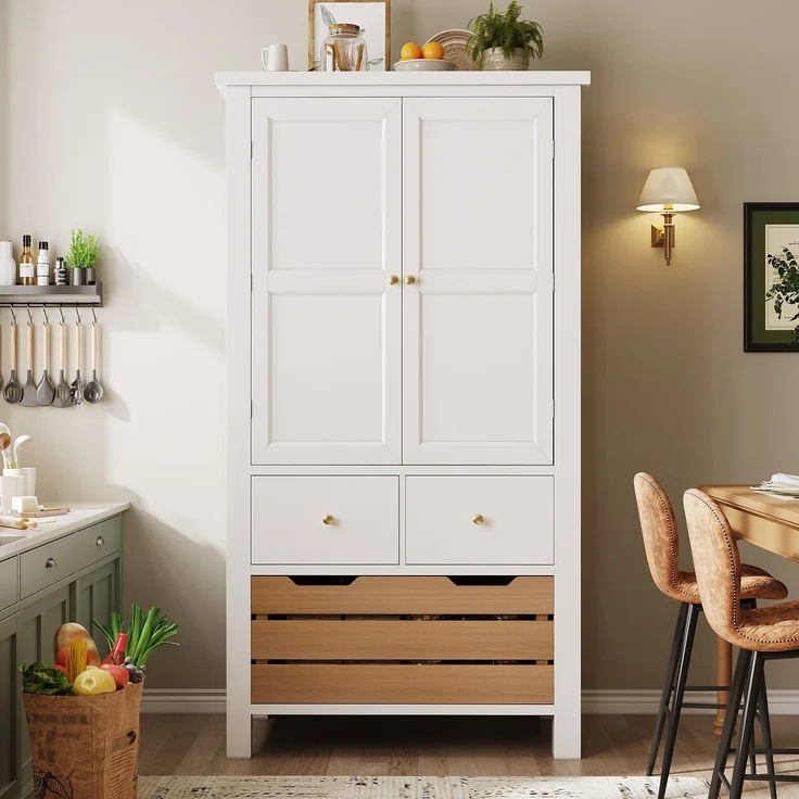 Küchenschrank (80x40x140cm), hohes Küchenbuffet, Mehrzweckbuffet, Snackschrank, Aufbewahrungsmöbel mit zwei Türen und fünf Schubladen, schwarz/weiß – Bild 3