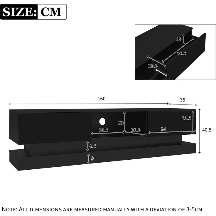 Merax 160*35*40,5 cm Schwarzer Hochglanz-TV-Ständer mit LED-Beleuchtung, 2 Schubladen, Anwendungssteuerung, Anti-Kipp-Design, geeignet für 60-Zoll-Fernseher, TV-Schränke, TV-lowboard – Bild 4