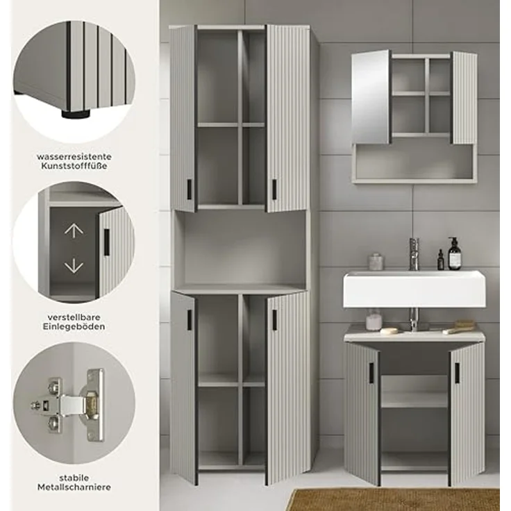 xonox. home – Badkombination Mone 135x192x30 cm in Kaschmir Nachbildung – 3-teiliges Set mit Badschrank, Waschbeckenunterschrank & Spiegelschrank – funktional & vielseitig kombinierbar – Bild 7