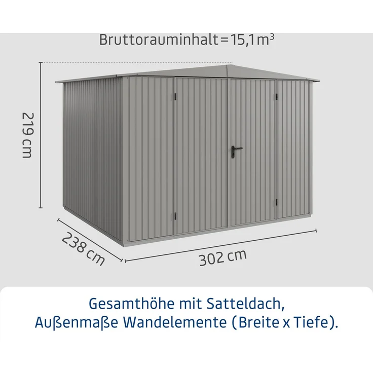 Hörmann Ecostar Metall-Gerätehaus Trend mit Satteldach Typ 3, 238x303 cm , graualuminium, 7,2 m²,2-flüglige Tür – Bild 3
