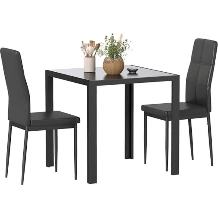 HOMCOM Essgruppe mit Glas-Tischplatte, (Esstisch mit 2 Stühlen, 3-tlg, platzsparend Esszimmergruppe), für Esszimmer, Küche Schwarz – Bild 1