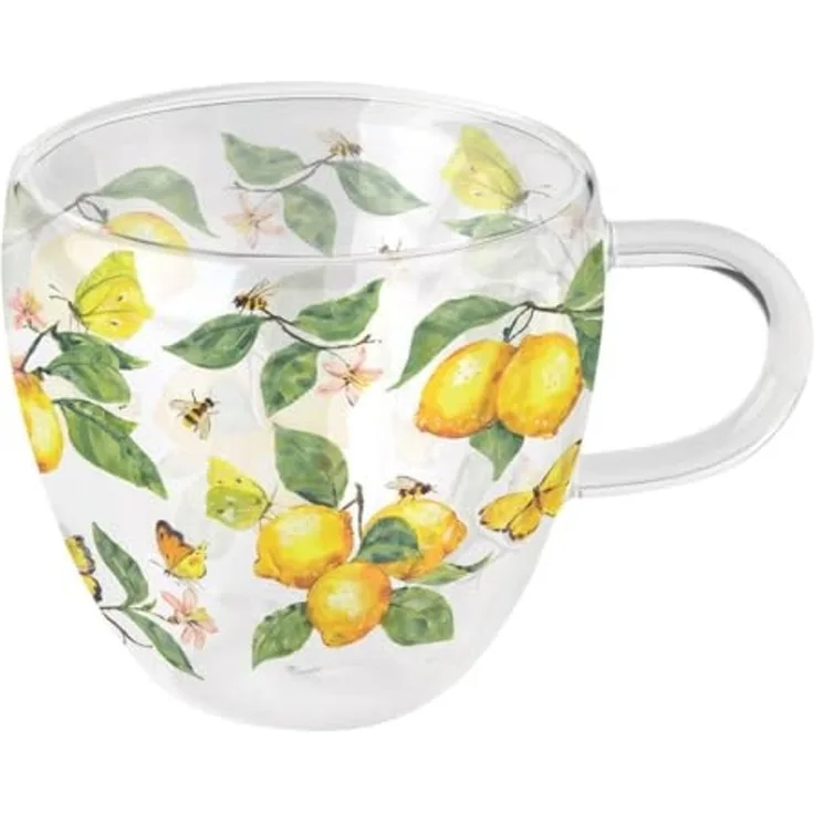 Ambiente Luxury Paper Products Tasse, Glas, Tasse 10cm Glas doppelwandig 0,2L mit Zitronen & Schmetterling Motiv