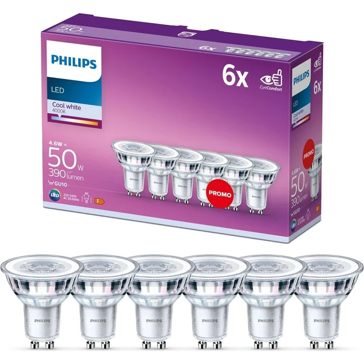 Philips LED Classic GU10 Lampen 6-er Pack (50 W), Reflektor LED Spots mit kaltweißem Licht, energiesparende Lampen mit langer Nutzlebensdauer