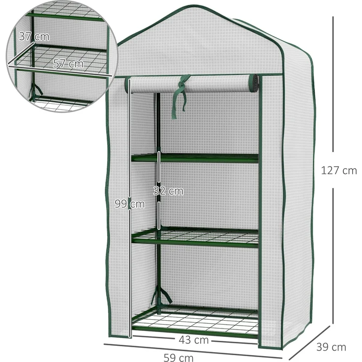 MELAYR, Gartenregal für Gewächshaus, 3 Ebenen, Maße 59 x 39 x 127 cm (L x B x H), pulverbeschichtetes Metall, grün, Weiß – Bild 5