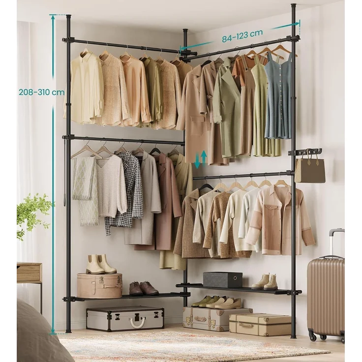 Songmics deckenhocher Kleiderständer, höhen- und breitenverstellbar, mit abnehmbaren Ablagen, Stahl / Kunststoff mattschwarz, 33,5 x (162-238) x (208-310) cm – Bild 2
