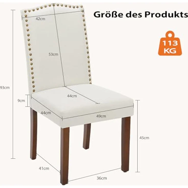 Sweetcripy Esszimmerstuhl (2er Set), Hochwertige gepolsterte Leder-Esszimmerstühle mit Nagelkopfverzierung und Holzbeinen, Esszimmerstühle für Schlafzimmer, Wohnzimmer, Esszimmer, Beige White – Bild 4