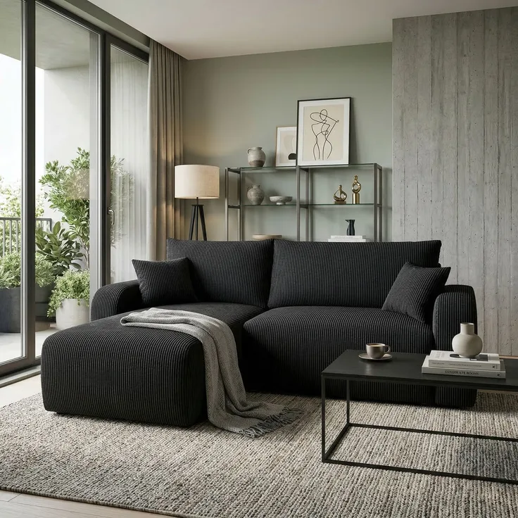 Wohnero24 Habana Ecksofa 251x153 cm mit Schlaffunktion 207x133 cm – Eckcouch mit Bettkasten – Cord Schwarz Sofa L-Form – Wohnlandschaft Modern – Universal Montierbar