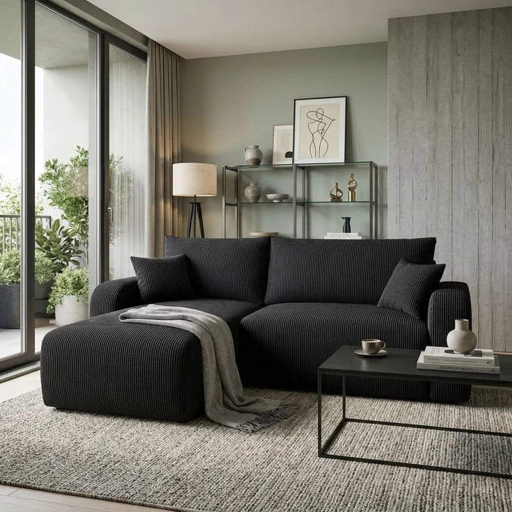 Wohnero24 Habana Ecksofa 251x153 cm mit Schlaffunktion 207x133 cm – Eckcouch mit Bettkasten – Cord Schwarz Sofa L-Form – Wohnlandschaft Modern – Universal Montierbar – Bild 1