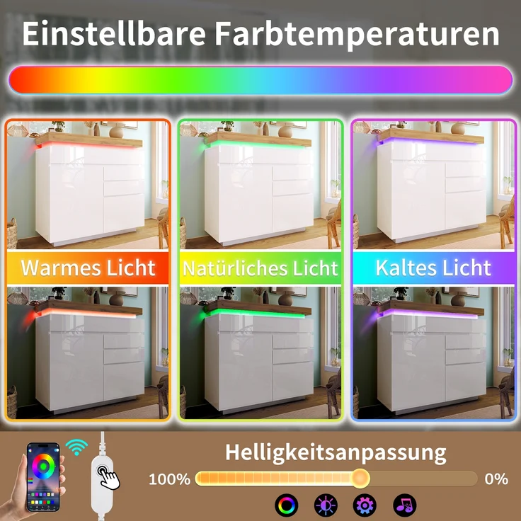 Sideboard Hochglanz mit LED (App/Touch), 2 Türen & 3 Schubladen, 110x39x115 cm, Weiß – Bild 9