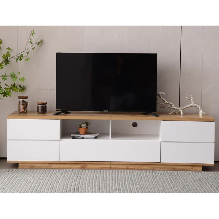 TV-Lowboard aus MDF mit Gittertüren & offenen Fächern, 180x38x46 cm, Weiß/Holzoptik
