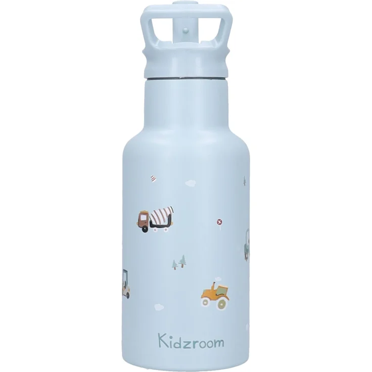 Kidzroom Little Story Edelstahl Trinkflasche Kinder 350 ml mit Strohhalm Fahrzeug Motiv für Schule und Kita – Bild 4