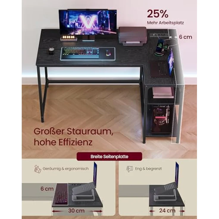 VASAGLE Eckschreibtisch in L-Form, Computertisch mit Stauraum, Bürotisch, höhenverstellbare Ablage, für Homeoffice, mit 2 AC-Steckdosen und 2 USB-Anschlüssen, 120x80 cm, ebenholzschwarz LWD132BE01 – Bild 5