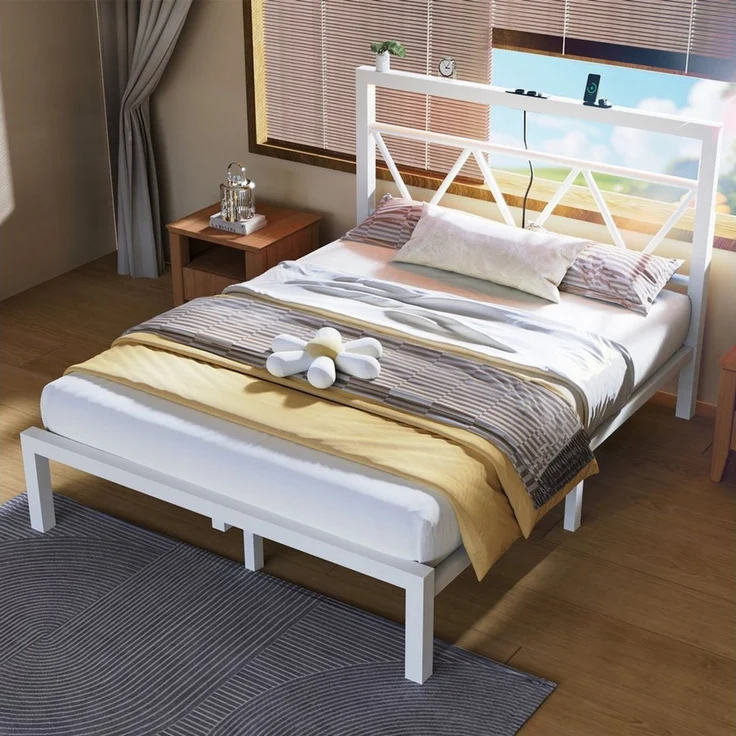 oyajia Metallbett Bettgestell mit LED-Beleuchtung, 90x200/140x200/160x200cm (mit aufladen USB Ladefunktion Kopfteil, 2AC + USB & TYPE-C,Minimalistischer), Ohne Matratze, Reichweite Speicher, Weiß – Bild 3