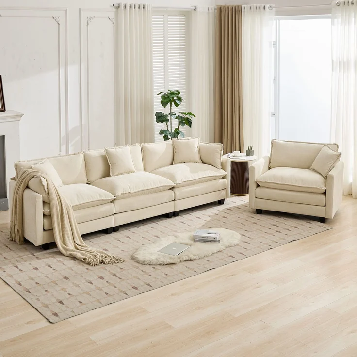 ZUBALIYA Sofa mit LED - Beleuchtung, mit Chenille - Bezug, mit Cordbezug, modular aufgebaut, aus Chenille, Beige – Bild 20