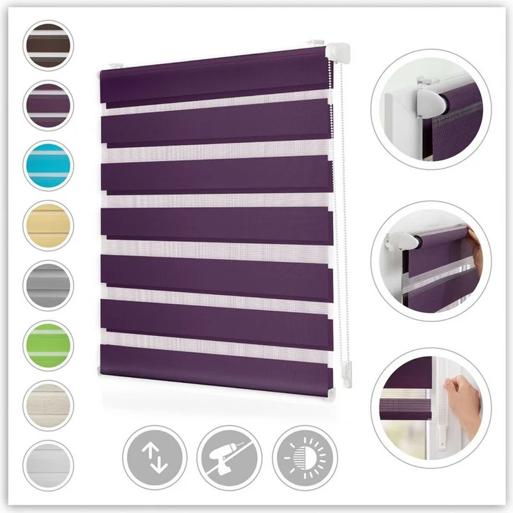 Lichtblick Doppelrollo Klemmfix ohne Bohren, Streifen, Blickdicht, Klemmträger-Montage, Sichtschutz, Wandmongtage, Deckenmontage, für Fenster und Türen Brombeer,120x150 cm (B x L) – Bild 5