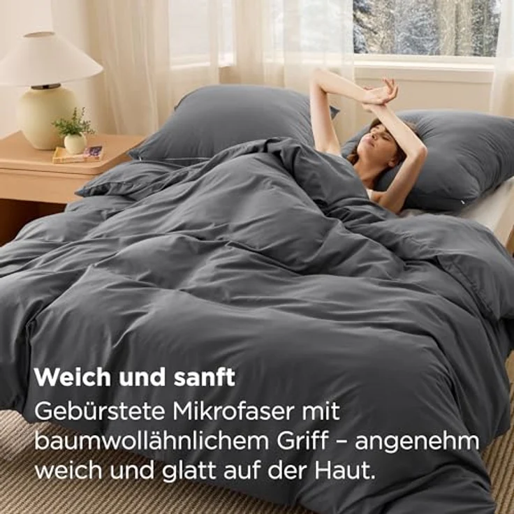 BEDSURE Bettwäsche 155x220 3teilig Anthrazit - Bettwäsche Grau 1 Bettbezug 155x220 cm + 2 Kissenbezüge 80X80 cm, ÖKO-TEX Bettwäsche-Sets Polyester Mikrofaser mit Reißverschluss – Bild 4