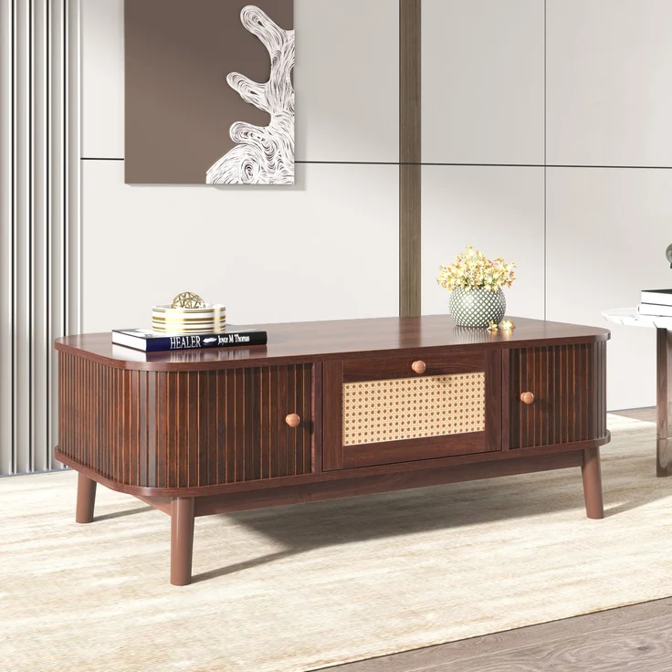 Merax Couchtisch - Rattan-Kaffeetisch, Schubladen mit Rattan und Schiebetüren mit Massivholzlatten, Massivholzbeine, braun – Bild 4