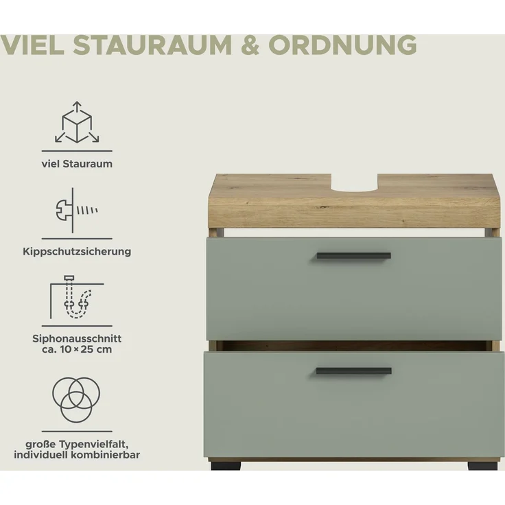 Xonox Scout Waschbeckenunterschrank (B/H/T: 60x56x34 cm) in Salbei und Artisan Eiche Nachbildung – Bild 11