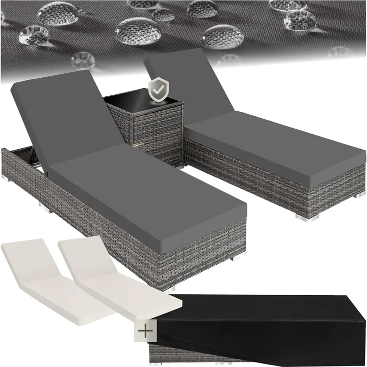 tectake Gartenliege 2er Set Rattan Sonnenliegen, 1, 1 St, 1tlg, mit Aluminiumgestell