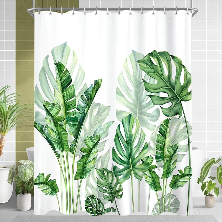 Duschvorhang Grün Blätter 150x180cm Wasserabweisend Waschbar Textil Ösen 10 – Bild 1