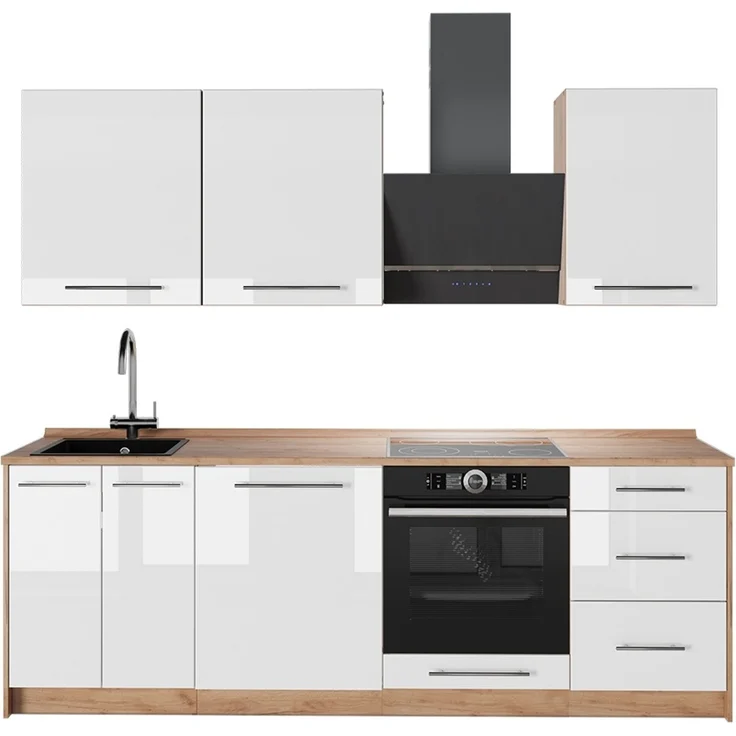 Küchenzeile Fame-Line Weiß Hochglanz/Goldkraft Eiche 230 cm, AP Eiche Vicco – Bild 1