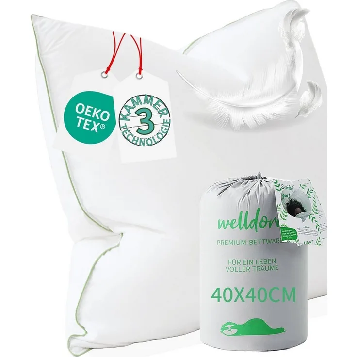 Welldora 3-Kammer-Kopfkissen Premium Kopfkissen, Ergonomisch optimiertes Nackenstützkissen, Füllung: Daunenfasern & Federn, Mittelfestes Kissen fachärztlich geprüft, 40 x 40 cm