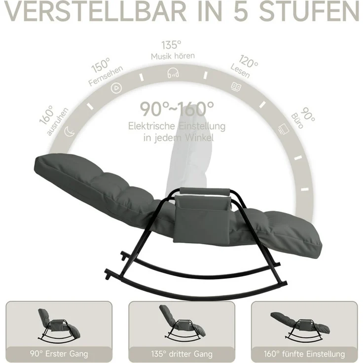 Home Nature Wohnkonzept Schaukelstuhl mit 5-fach verstellbarer Rückenlehne, Ergonomischer Relaxsessel, Lesesessel bis 160 kg, 104×56×93,5 cm, Kunstleder Grau – Bild 3