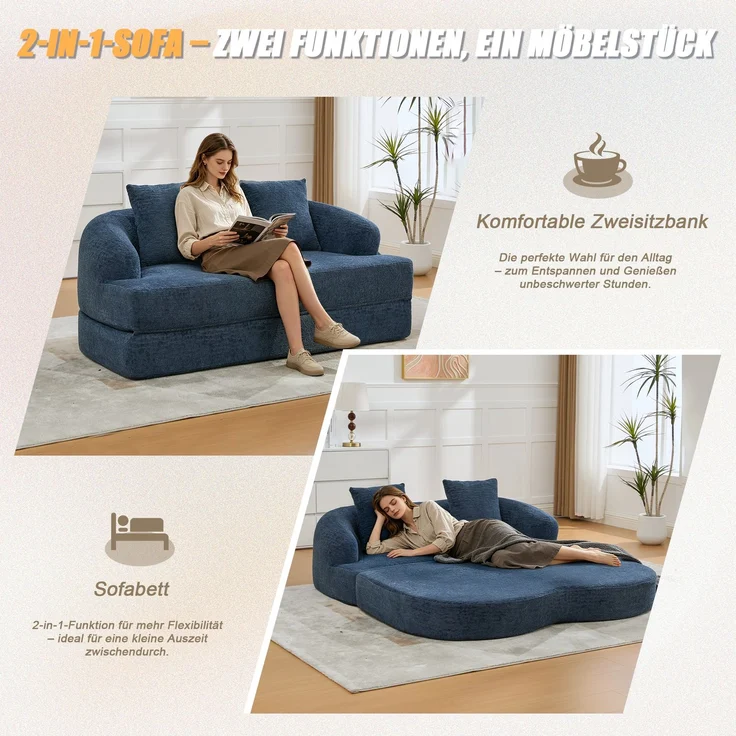 ZUBALIYA Schlafsofa 84x65 cm, mit LED - Beleuchtung, mit Chenille - Bezug, modular aufgebaut, mit Schaumstoffpolsterung, Blau – Bild 5
