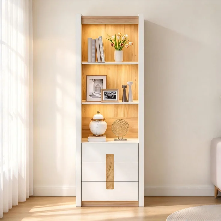 200cm Weiß Vitrinenschrank mit LED Beleuchtung, Bücherschrank mit 3 Schublade mit 3 Staufächern,Schrank für Wohnzimmer Küche Esszimmer , Schließfächer mit Verstellbare Trennwand,55x40x200cm – Bild 1