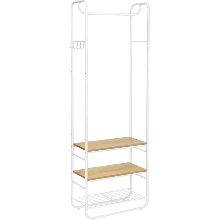 VASAGLE Garderobenständer, Garderobe, Kleiderständer, mit Schuhablage, Schuhregal, Flur, Schlafzimmer, 58 x 28 x 181 cm, skandinavisch, mattweiß-goldeichenfarben HSR81WN