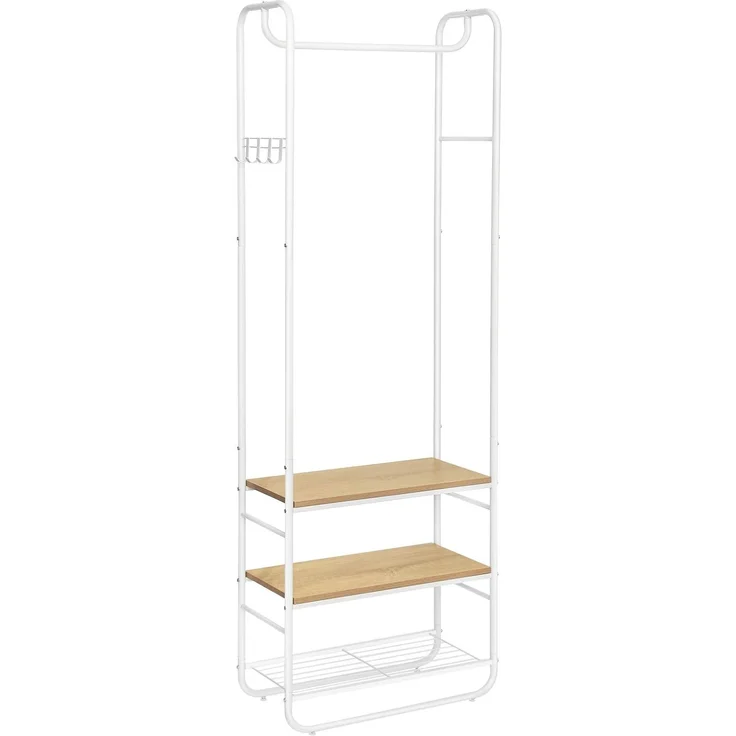 VASAGLE Garderobenständer, Garderobe, Kleiderständer, mit Schuhablage, Schuhregal, Flur, Schlafzimmer, 58 x 28 x 181 cm, skandinavisch, mattweiß-goldeichenfarben HSR81WN