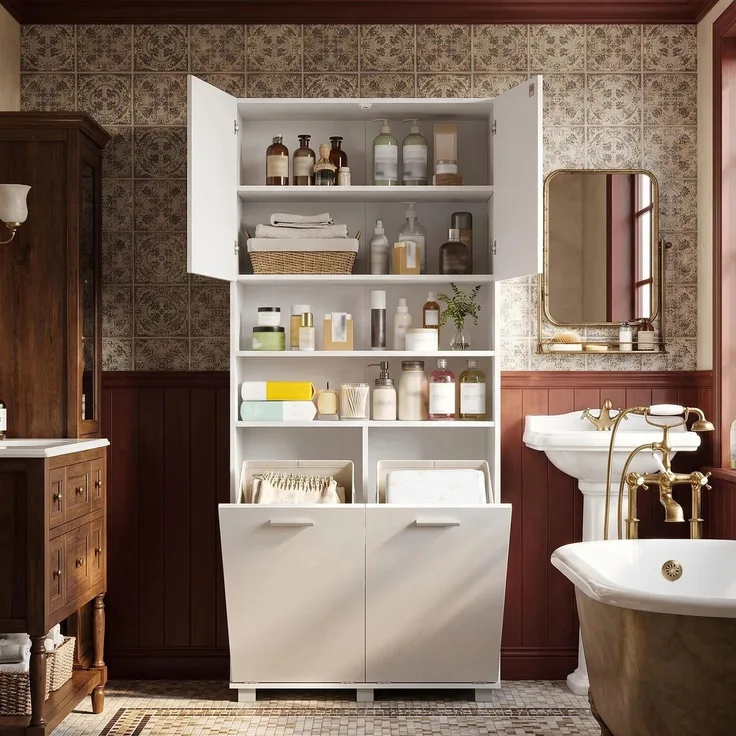 Halupeit Weißer Badezimmer-/Waschraumschrank mit Wäschekorb und verstellbaren Einlegeböden. 80,5 × 40,5 × 170,5 cm