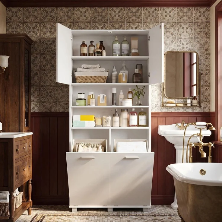 Halupeit Weißer Badezimmer-/Waschraumschrank mit Wäschekorb und verstellbaren Einlegeböden. 80,5 × 40,5 × 170,5 cm – Bild 1