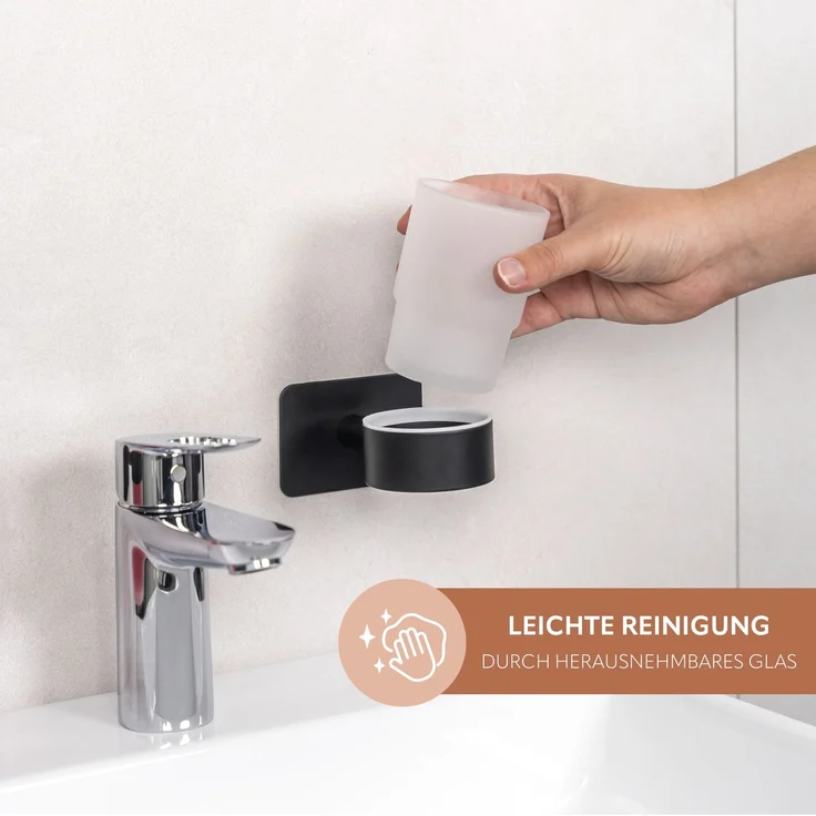 Bad-Serie PIAZZA BLACK TAPE - Zahnputzbecher ohne Bohren - mit Klebepad, aus Glas und Edelstahl, matt schwarz – Bild 3