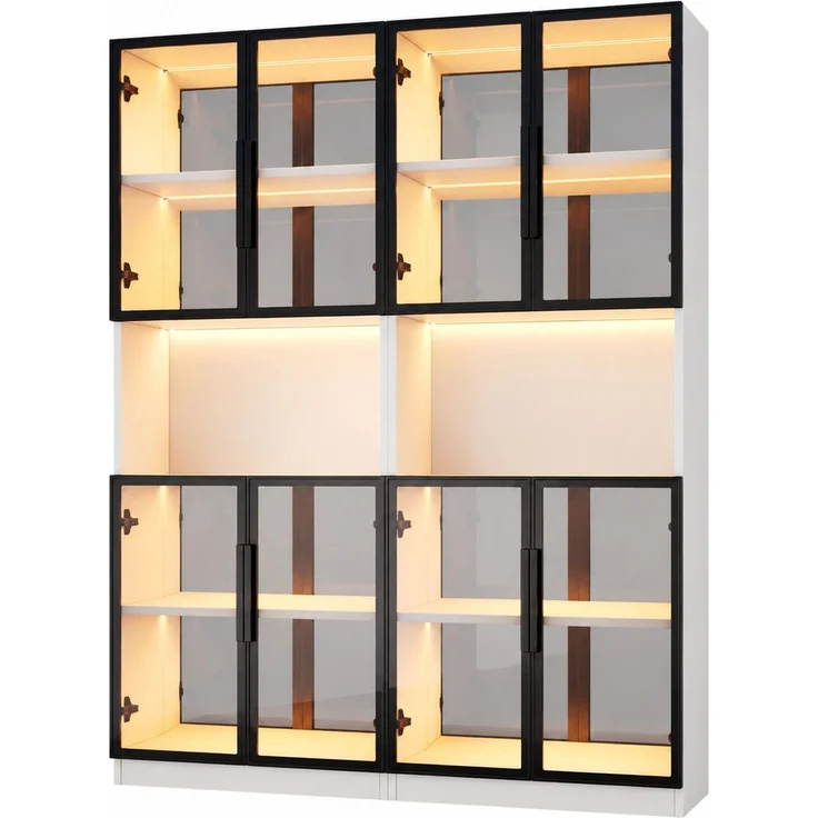 Vitrinenschrank-Set, 140 x 30 x 170 cm, aus MDF mit grauen ESG-Glastüren und LED-Beleuchtung – Bild 6