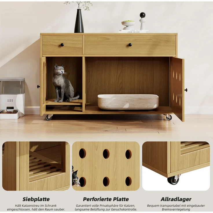 Katzenkloschrank (bewegliche Katzentoilette) – Katzenschrank/Katzenhaus mit abnehmbare Sandablassplatte, geruchsisoliert, ohne Katzenklo, 100×45×66 cm (Naturholzfarbe, Gelbmaplefarbe) – Bild 10