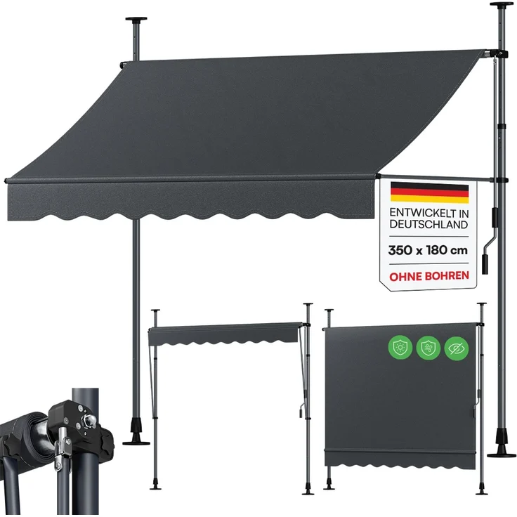 STEELSØN 'Dioran' Klemmmarkise mit Handkurbel 350x180 cm, anthrazit, stufenlos höhenverstellbar, wetterfest und UV-beständig, Balkonmarkise ohne Bohren – Bild 1