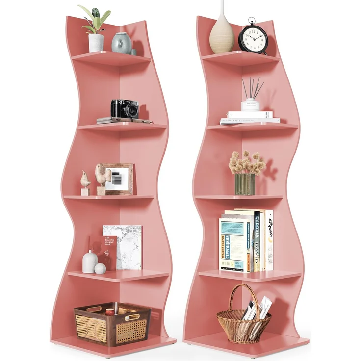 LITTLE TREE Bücherregal Ecke, Modernes Regal Schmal mit 6 Ebenen, 50 x 48 x 179 cm Bücherregal Holz, Standregal mit Wellen-Design für Kleine Räume, Wohnzimmer & Schlafzimmer, Rosa, 2er Pack – Bild 1