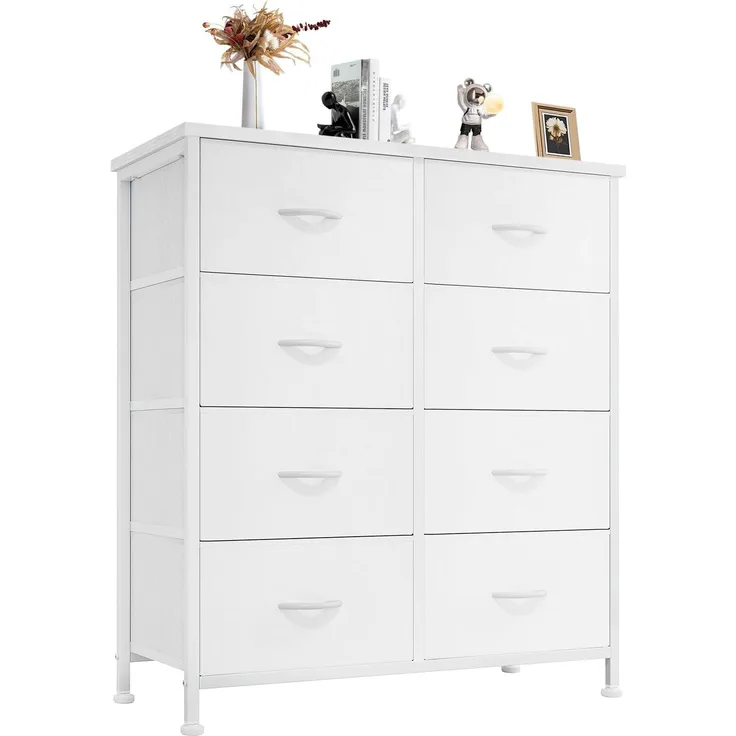 DUMOS Kommode für Schlafzimmer mit 8 Stoffschubladen hohe Kommode Organizer für Kleidung Schrank Kinderzimmer Aufbewahrungsturm mit Schrank Metallrahmen Holzplatte leichte Kinderzimmermöbel