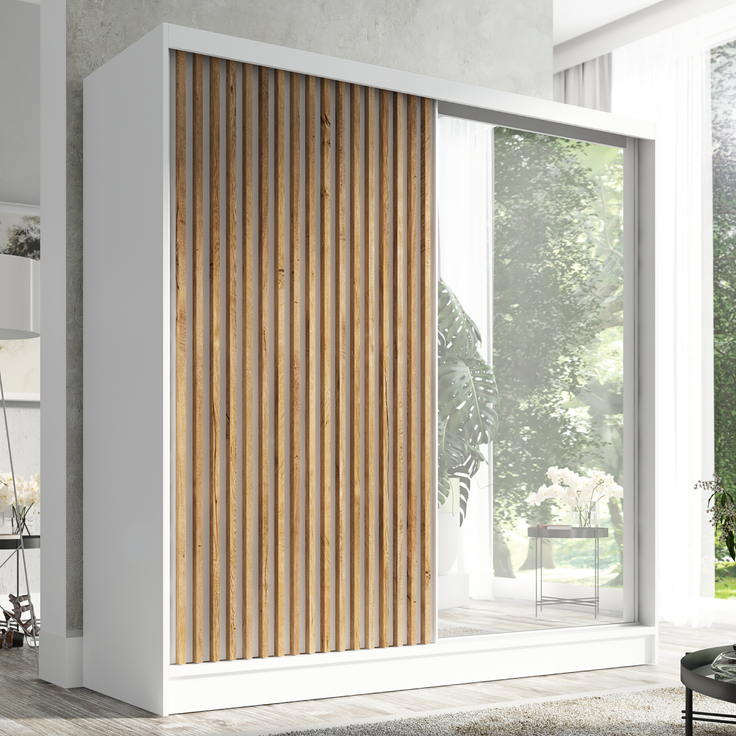 A&J MöbelLand Schwebetürenschrank LINA mit 3 Schubladen, 3D-Lamellen und Spiegel – Bild 2