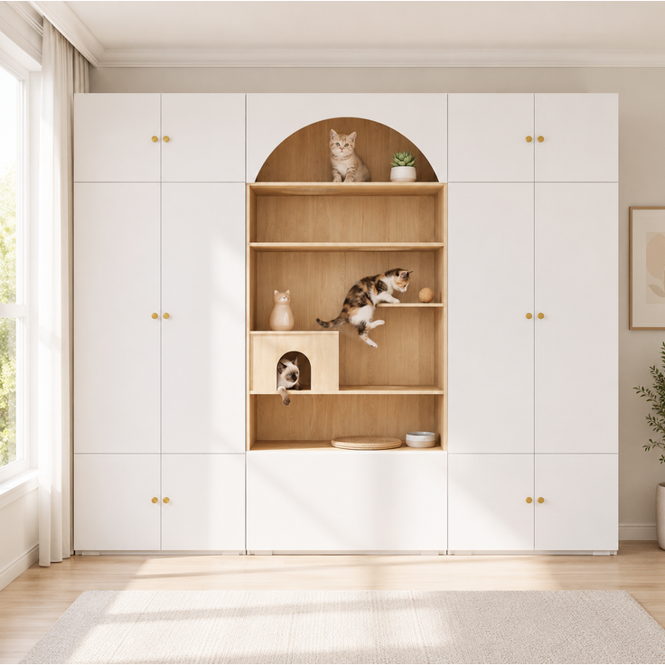 Garderoben-Set 270x50x200 cm mit Kleiderstange, 12 Staufächern und Katzenkletterwand – Bild 4