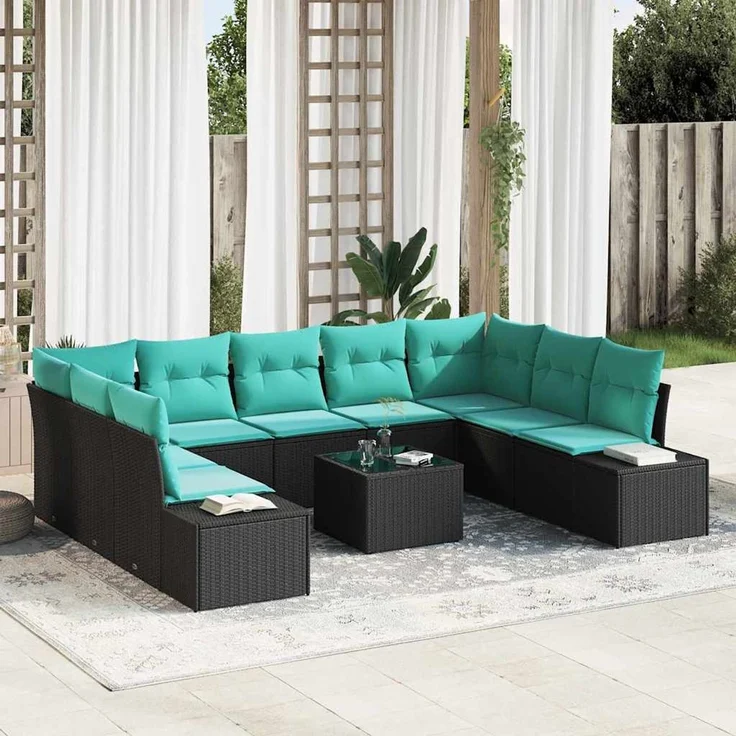 vidaXL Gartensofa-set 9 stk. 8-Sitzer Schwarz und Türkis 3355905 – Bild 1