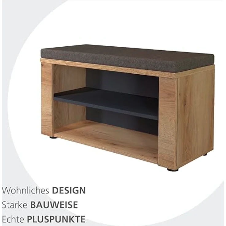 Fargo Sitzbank mit 2 offenen Fächern und Sitzkissen – FSC-Zertifiziert – Moderne Flurbank mit Stoffbezug in Graubraun meliert – 80 x 48 x 38 cm (B/H/T) – Bild 4
