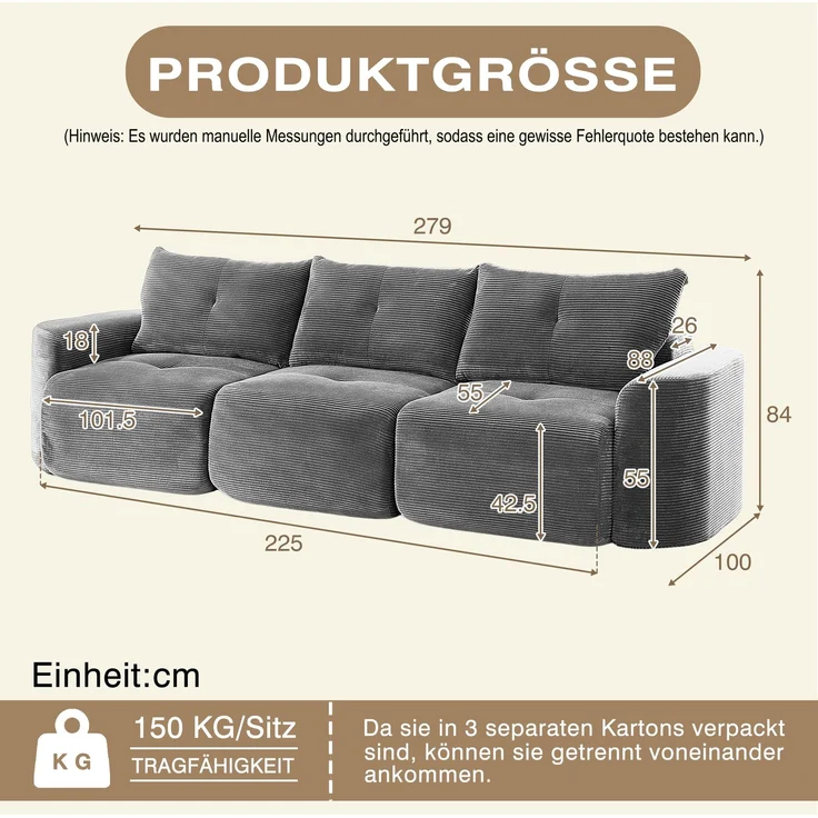 EINHOM Modernes modulares 3-Sitzer Sofa in Anthrazit – Wabi-Sabi Stil, Cord Stoff Sofa mit abnehmbarem Einzelsitz, 2+1 Konfiguration, Rippen-Design, Rundes Design – Bild 2