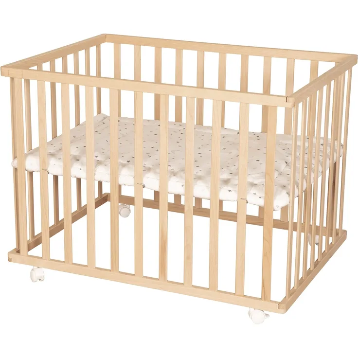 roba Laufgitter 75 x 100 cm mit Laufgittereinlage 'Sternenzauber grau' - Spielgitter inkl. Schutzeinlage und Rollen - Höhenverstellbar & Mobil - Holz natur